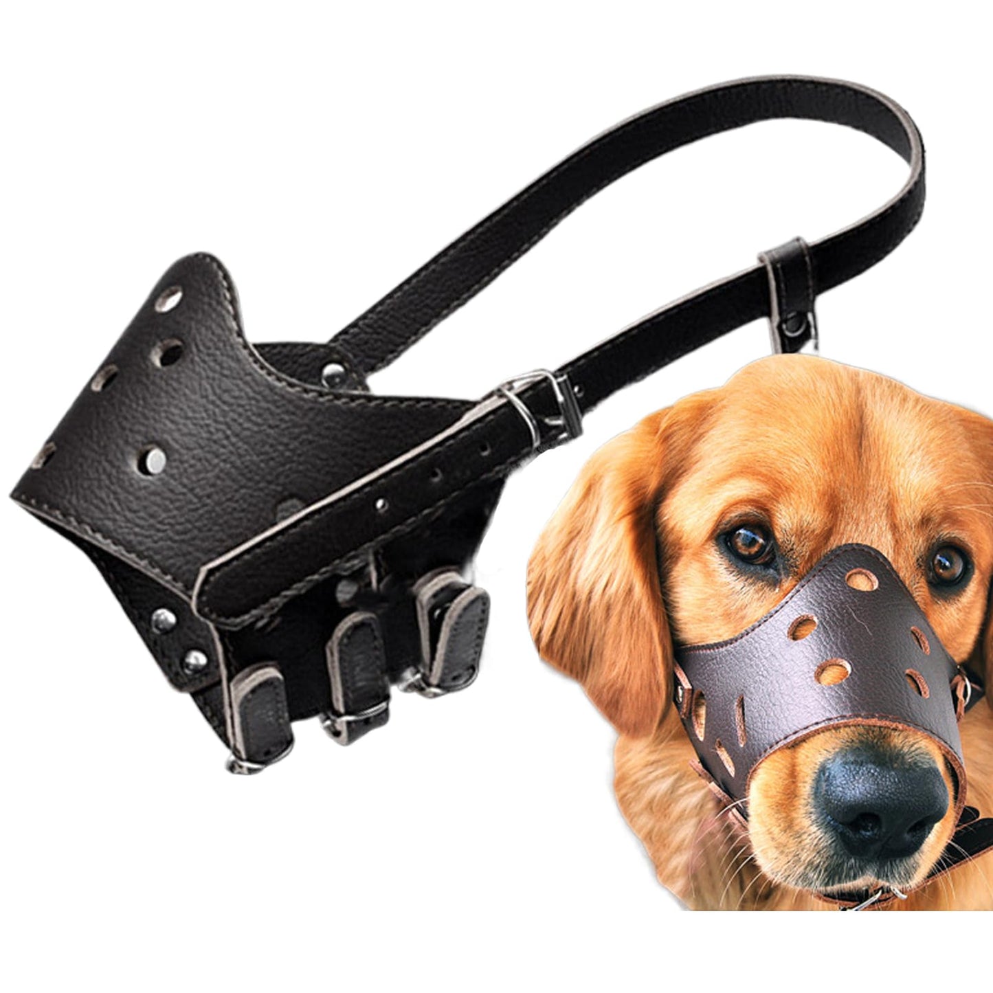 Dog Muzzle Leather Comfortable and Safe Anti-Barking Leather Dog Muzzle Breathable and Adjustable Anti-Bite Anti-Barking Anti-Chewing Suitable for Small Medium and Large Dogs