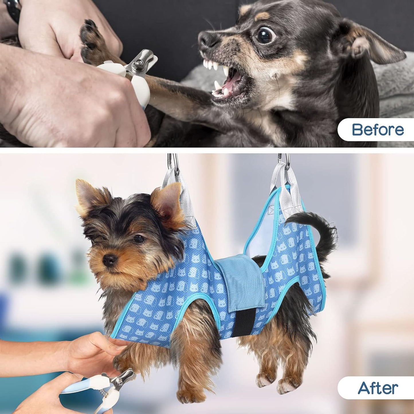 DoggyDobby™ Pet Grooming Hammock Harness Kit — Breathable Air-Mesh Sling with Nail Clippers & Comb